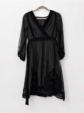 Oxmo Y2K Black Burnout Velvet Sheer Sleeve Midi Dress Boho Goth